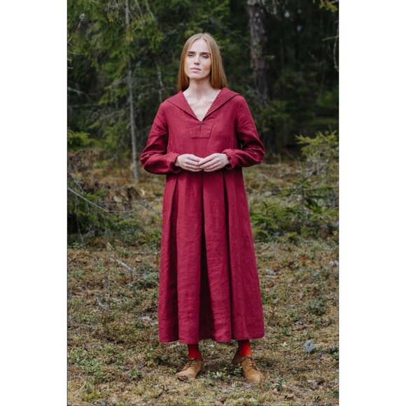Son de Flor Dresses & Skirts - NWT Son De Flor Red Linen Long Sleeve Sailor Collar Dress L/XL Made In Lithuania
